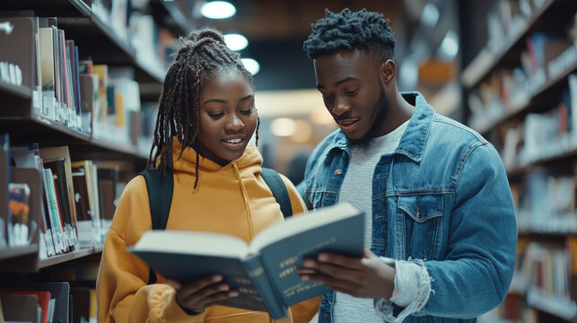A young black student talks to a librarian while returning a book at the library, engaging in a friendly conversation and displaying a positive learning environment.