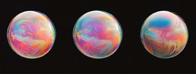 Three soap bubbles, front view, against a black background, displaying iridescent colors