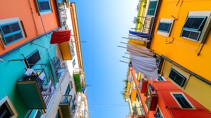 Fototapeta premium High-rise apartment buildings with colorful balconies, upward view with hints of laundry and blue sky between 