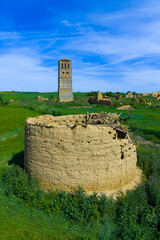 Aerial view from a drone of the deserted village of Villacreces. Municipality of Santervás de...