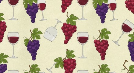 Wine and Grapes Seamless Pattern Design with Detailed Illustrations