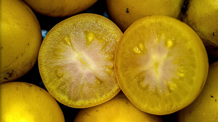 texture of many yellow tomatoes from the garden close-up
