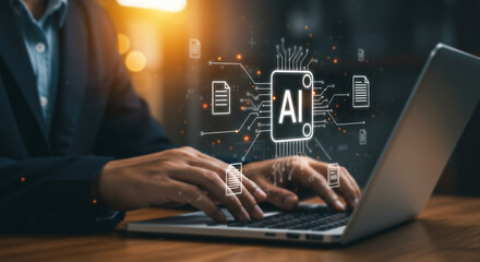 AI Revolution at Work: A modern professional's hands interface with a laptop amidst an advanced AI-integrated digital interface, demonstrating innovation and technology