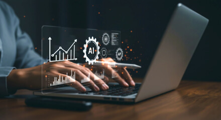 Data Analysis in the Digital Realm: A close-up shot of a person's hands typing on a laptop, the scene filled with digital data streams and interactive diagrams.