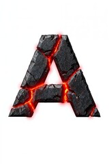 The letter A is made of jagged, rough rocks with red glowing letters. The rocks are scattered and uneven, giving the letter a rugged, chaotic appearance. The red glow adds a sense of energy