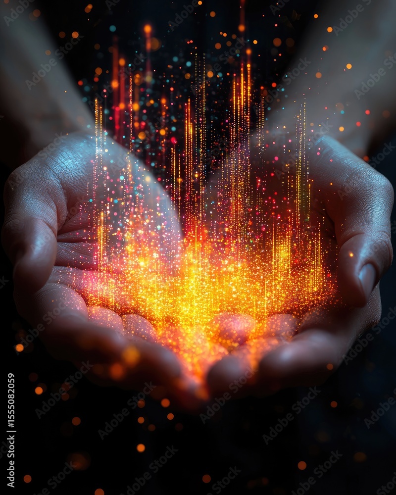 Poster glowing data visualization in hands
