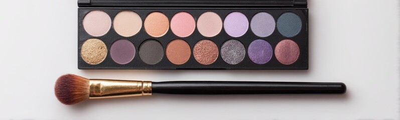 Fototapeta premium Professional colorful eyeshadow palette and makeup brushes on beige background surrounded by colorful powder dust