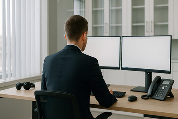 Biznesmen pracujący przy biurku z dwoma pustymi monitorami w nowoczesnym biurze – koncepcja pracy i przygotowania