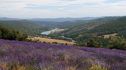 Picturesque colorful floral atmosphere. Beautiful panoramic view French blooming scenic at sunset. Sunset violet lavender flower field in Provence, France, Valensole. Summer nature amazing landscape