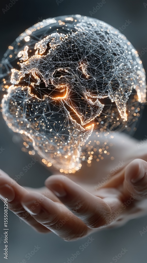 Poster glowing digital globe held in hand futuristic network web