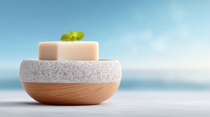 Beige Bar Soap on White and Brown Speckled Stone Soap Dish
