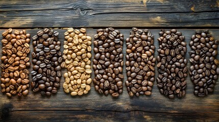 Different roasts of coffee beans arranged in rows on a rustic wooden surface from light to dark shades