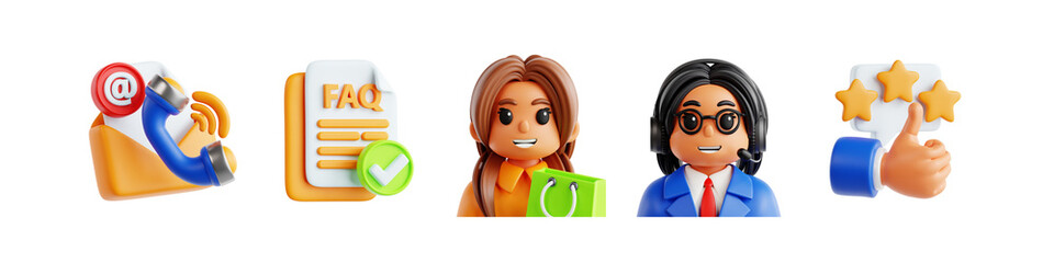 Collection of 3D Email Support, FAQ Document, Smiling Customer, and Customer Representative Icons