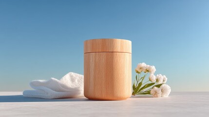 Beige Cork Container with White Flowers and Coral on White Surface