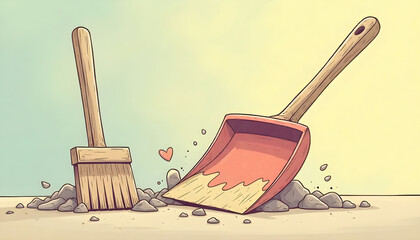 A charming cartoon illustration depicts a broom and a dustpan positioned with small piles of dirt, with a red heart floating between them, symbolizing a clean home or teamwork