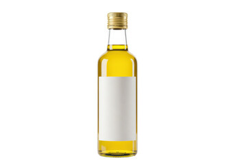 Isolated Clear Glass Bottle with Yellow Liquid and Blank White Label