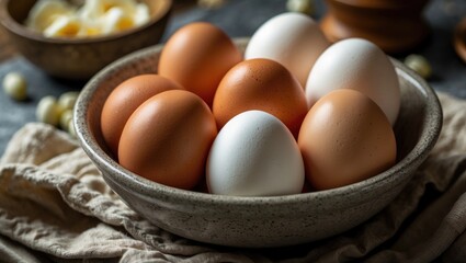 A bowl of mixed white and brown eggs on a rustic cloth with other bowls in the background.