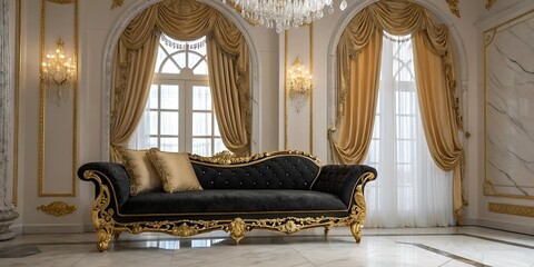 Elegant black and gold sofa graces a luxurious interior with arched windows, ornate curtains, and a sparkling chandelier.