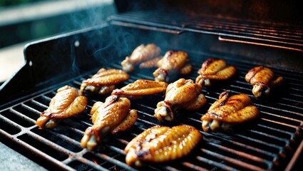 Chicken wings grilling on barbecue with smoke rising. Food and cooking, concept. Barbecue and grilling techniques. The concept of outdoor cooking and meat preparation.