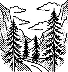 Mountain forest landscape tall pine trees, rocky cliffs, winding path and clouds in hand drawn black and white
