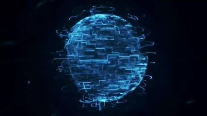 Glowing geometric sphere in dark space, formed by intersecting blue lines and connected by blurred streaks of light - Powered by Adobe