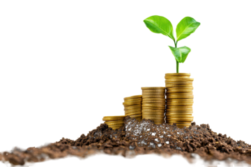 Stacked gold coins rise from soil with a green plant sprouting, symbolizing growth and prosperity in investment and nature