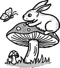 Obraz premium Rabbit resting on large mushroom watching butterfly, woodland scene with nature and fantasy illustration
