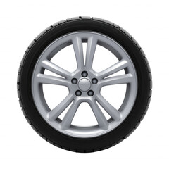 Obraz premium Close-up of a silver alloy car wheel with a multi-spoke rim and black tire on transparent background