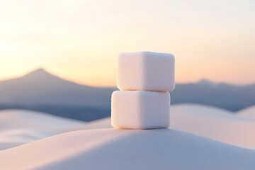 Two white fluffy cubes stacked on a snow covered hill against a soft pastel sunset sky