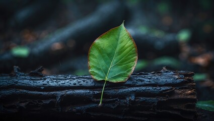 Single green leaf resting on a wet log in a dark forest setting.