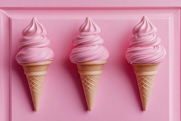 Top view of ice cream cones on a pastel background, in a flat lay composition. Minimalist concept,
