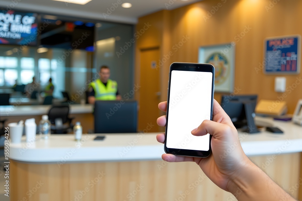 Poster modern device communication in reception area: a close-up of a hand holding a mobile phone with a bl