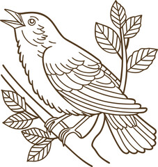 Obraz premium Singing bird perched on branch with leaves line art nature illustration, hand drawn wildlife drawing