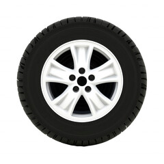 Obraz premium Close-up of black car tire with silver five-spoke rim on transparent background