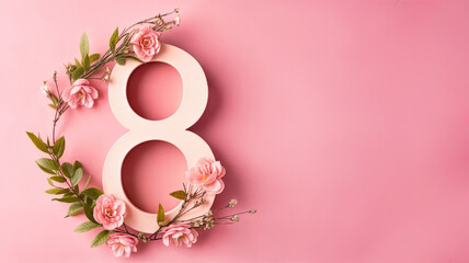 Floral number 8 with pink flowers on pastel background. March 8 Women's Day template. Feminine floral design for holiday branding. Romantic spring celebration background