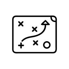 Black and White Strategy Map Icon – Minimalist Outline Vector of Game Plan or Tactical Planning Board with Path Arrows and Position Markers for Business Strategy, Sports Playbook, and Goal Planning Us