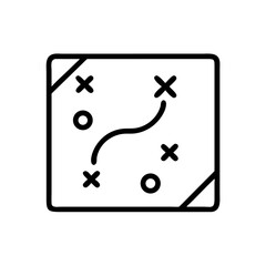 Black and White Strategy Map Icon – Minimalist Outline Vector of Game Plan or Tactical Planning Board with Path Arrows and Position Markers for Business Strategy, Sports Playbook, and Goal Planning Us