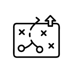 Black and White Strategy Map Icon – Minimalist Outline Vector of Game Plan or Tactical Planning Board with Path Arrows and Position Markers for Business Strategy, Sports Playbook, and Goal Planning Us
