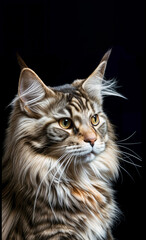 Majestic tabby Maine Coon cat with long fur and golden eyes in dramatic studio portrait. Close-up pet photography showcasing pedigree feline beauty and luxury breed appeal.