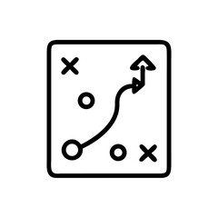 Black and White Strategy Map Icon – Minimalist Outline Vector of Game Plan or Tactical Planning Board with Path Arrows and Position Markers for Business Strategy, Sports Playbook, and Goal Planning Us