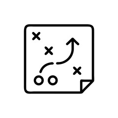 Black and White Strategy Map Icon – Minimalist Outline Vector of Game Plan or Tactical Planning Board with Path Arrows and Position Markers for Business Strategy, Sports Playbook, and Goal Planning Us