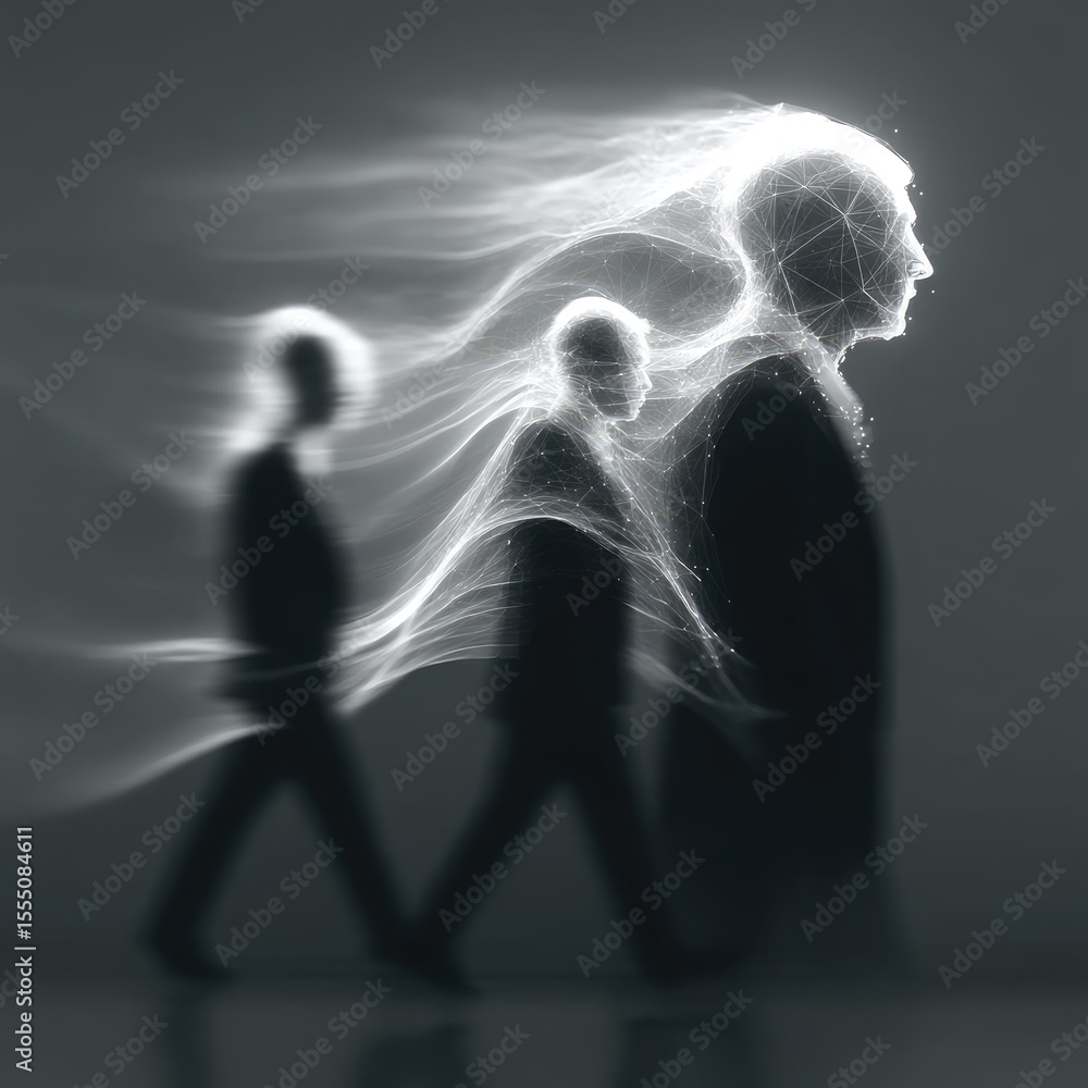 Aufkleber glowing mesh network: abstract figures walking in dark background