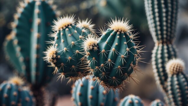 Close-up of cactus plants with spines and rounded shapes, showcasing various cacti with spiky textures and greenish-blue hues. - Powered by Adobe