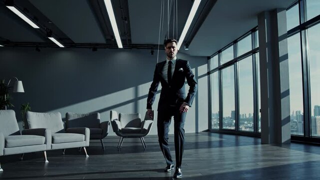 Professional marionette puppet striding confidently, illustrating corporate manipulation through exaggerated gesturing within sleek office environment