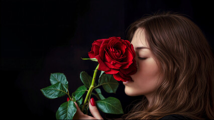 Woman with long hair smelling red rose against black background. Romantic floral beauty concept. Feminine self-care and love symbolism. Elegant minimal dark studio portrait.