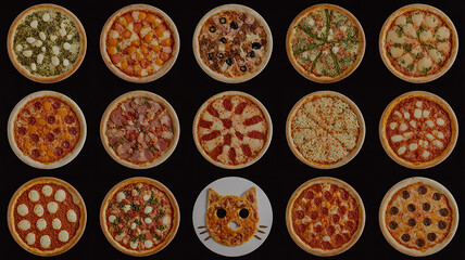 A collection of 15 different pizzas arranged in a 3x5 grid against a black background