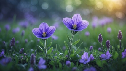 Purple flowers blooming in a garden during sunlight. Nature, blossoms, and floral scenery. The peaceful beauty of flowers in a natural setting.