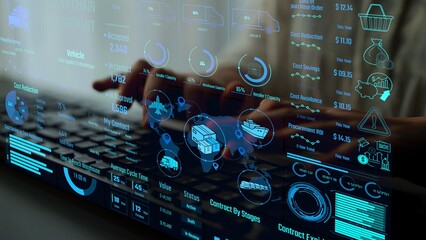 Supply chain management interface showing delivery routes, warehouse efficiency, cost savings,...