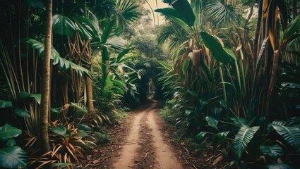 Obraz premium Lush jungle path through dense tropical rainforest with tall trees and vibrant green foliage across a narrow dirt trail.