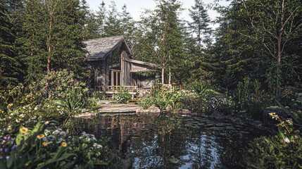 Red bricks house in countryside near the lake with mirror reflection in water
